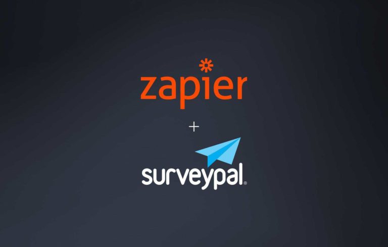 Zapier logo and Surveypal logo against a dark background