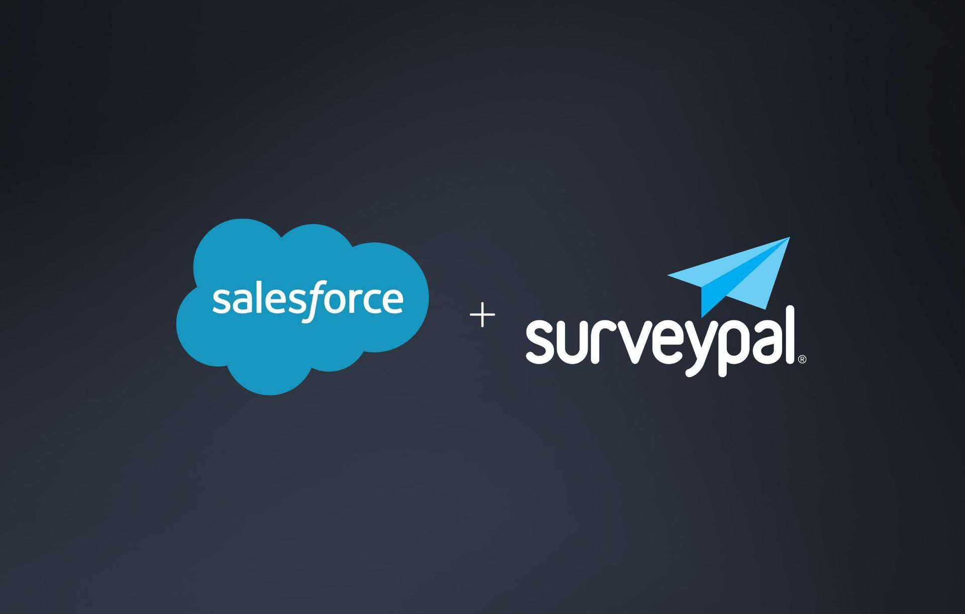 Salesforce logo next to Surveypal logo on a dark background